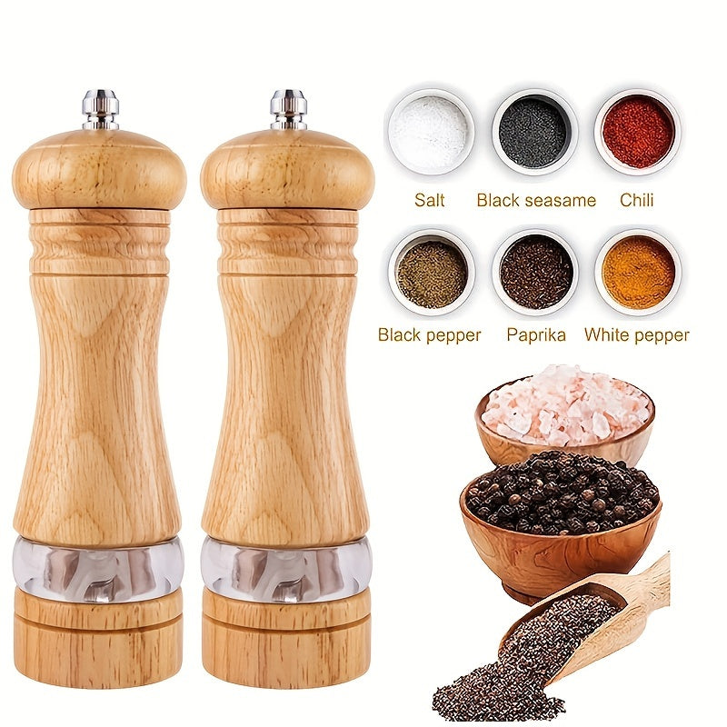 Best Seller: Set of 2 Adjustable Wooden Pepper & Sea Salt Grinders - Manual Spice Mills with Ceramic Core, Ideal for BBQs, Picnics, and Camping - Long-lasting Kitchen Tools, Excellent Valentine's Day Present, Spice Grinder, Refillable Spice Jar, Stylish