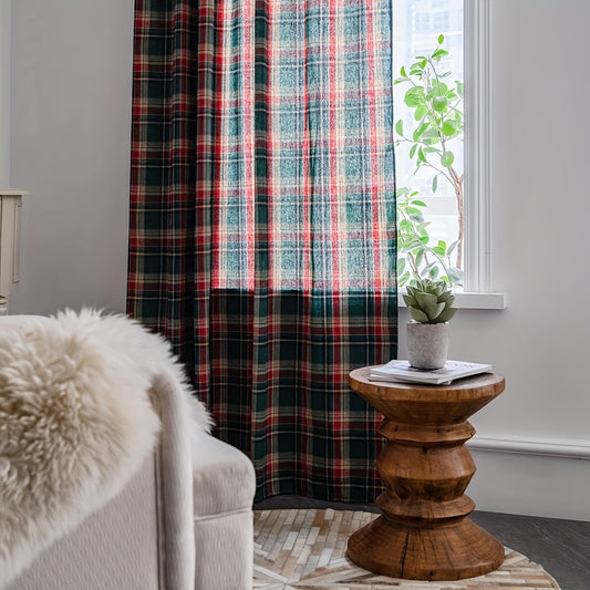 One-piece Green Plaid Christmas Curtain with an American Retro Style, allowing light to pass through, Ideal for creating a festive atmosphere in the bedroom, balcony, and living room. Features an invisible rod for easy installation. Perfect for adding