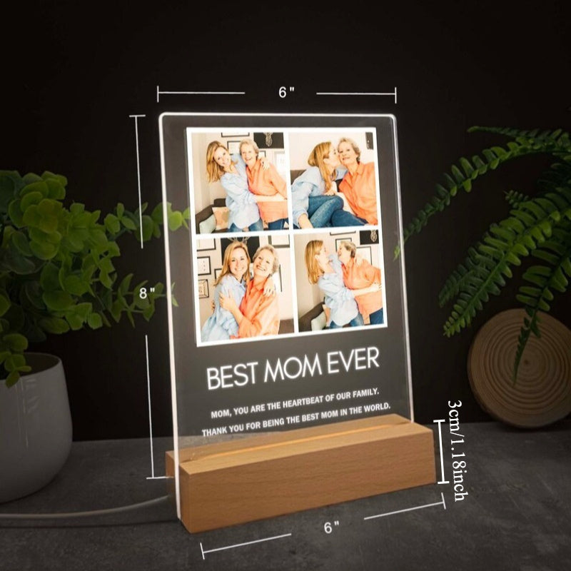 Illuminate memories with our Custom Acrylic Photo Collage Night Light! This personalized family picture frame LED display is the perfect gift for the Best Mom Ever. It doubles as a decorative illuminated keepsake featuring customizable text. Ideal for