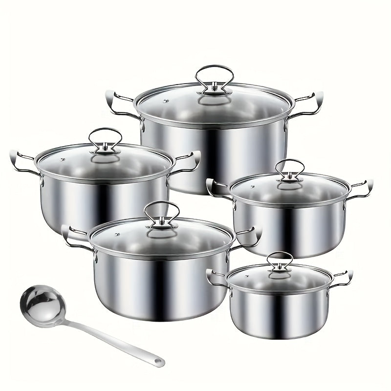 Stainless Steel Cookware Set includes 11 pieces with Heat-resistant Handles and Tempered Glass Lids - Ideal for Cooking a Variety of Meals such as Soups, Milk, and Porridge - Perfect for Healthy Cooking of Soups, Pasta, and Seafood at Home or in