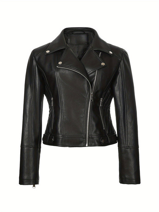 Plus-size black PU leather moto jacket with long sleeves, zip-up front, and buttoned cuffs for versatile fall/winter style.