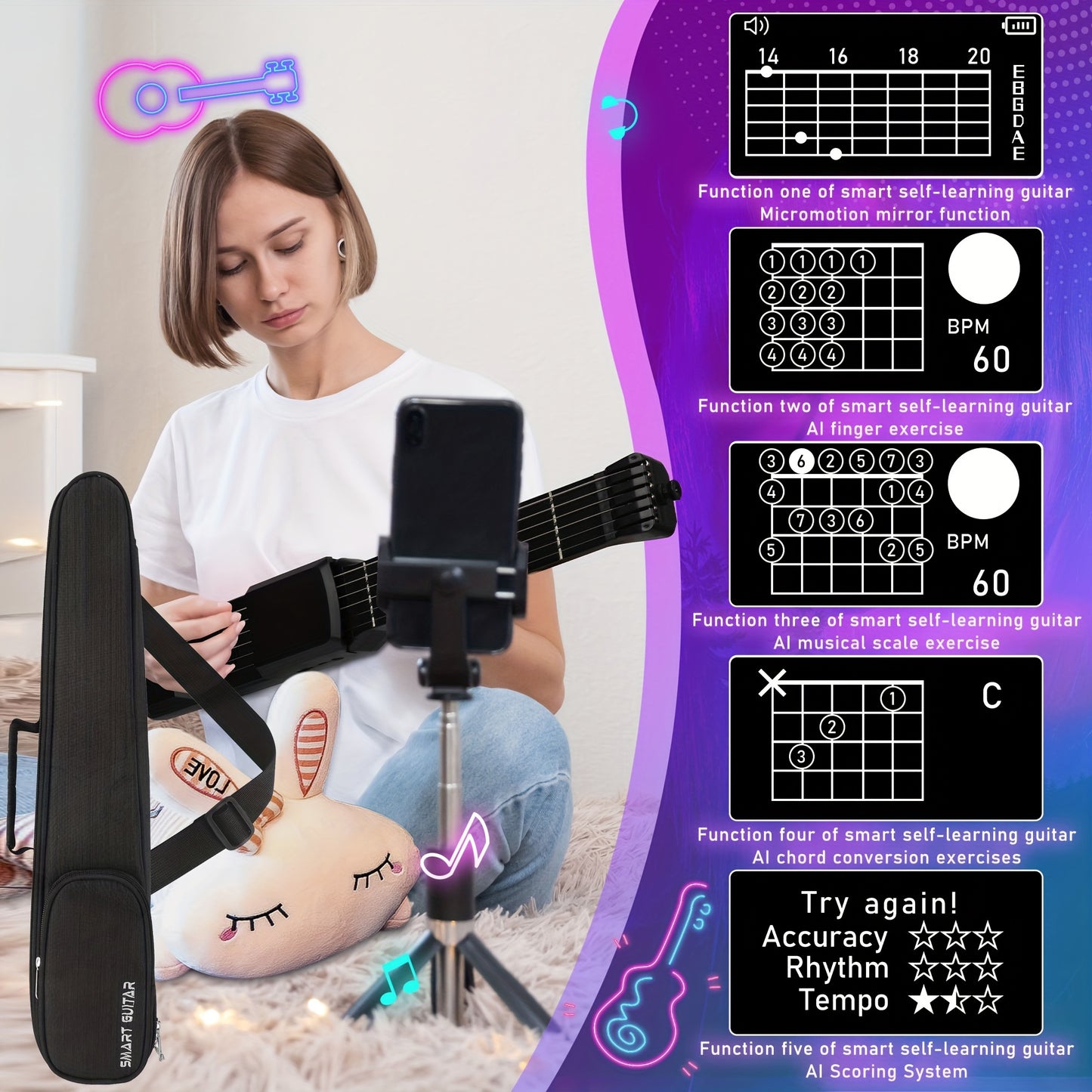 AI LCD bilan jihozlangan portativ USB zaryadlanadigan aqlli akustik-elektrik gitara, belbog'i va olib yurish sumkasi bilan birga.