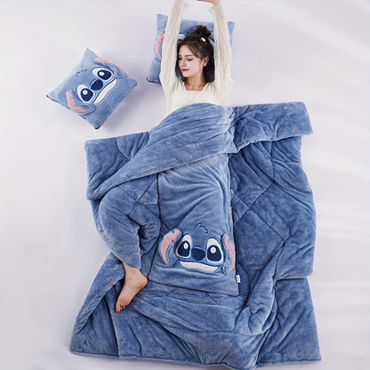 Disney Stitch 2-In-1 Pillow and Blanket Set, Modern Cartoon Theme, All-Season Polyester Woven Blanket, Portable and Multi-Purpose, Ideal for Travel and Office Use in Winter.