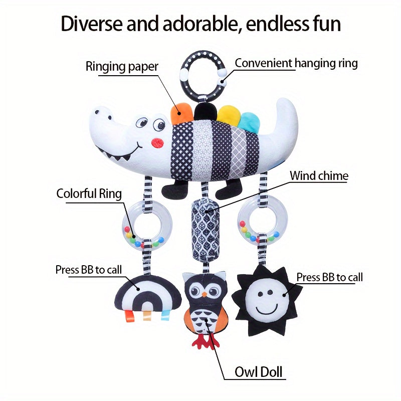 Soft and cuddly black and white animal wind chime plush toys, perfect for baby car seats and strollers. These hanging rattle toys are made of soft cloth and come from the Chinese Mainland. An ideal Christmas gift for infants aged 0-3 years old.