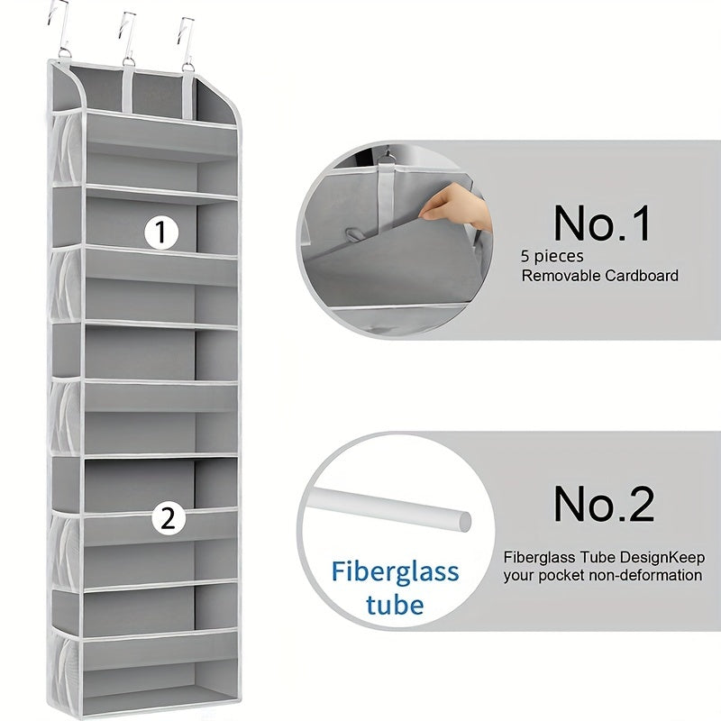 Door Hanging Storage Organizer featuring 5 pockets and 10 mesh bags, with a weight capacity of up to 44lbs (approx. 20kg). This organizer includes a clear window for easy visibility and is perfect for storing items in the bedroom, shoes, diapers, or