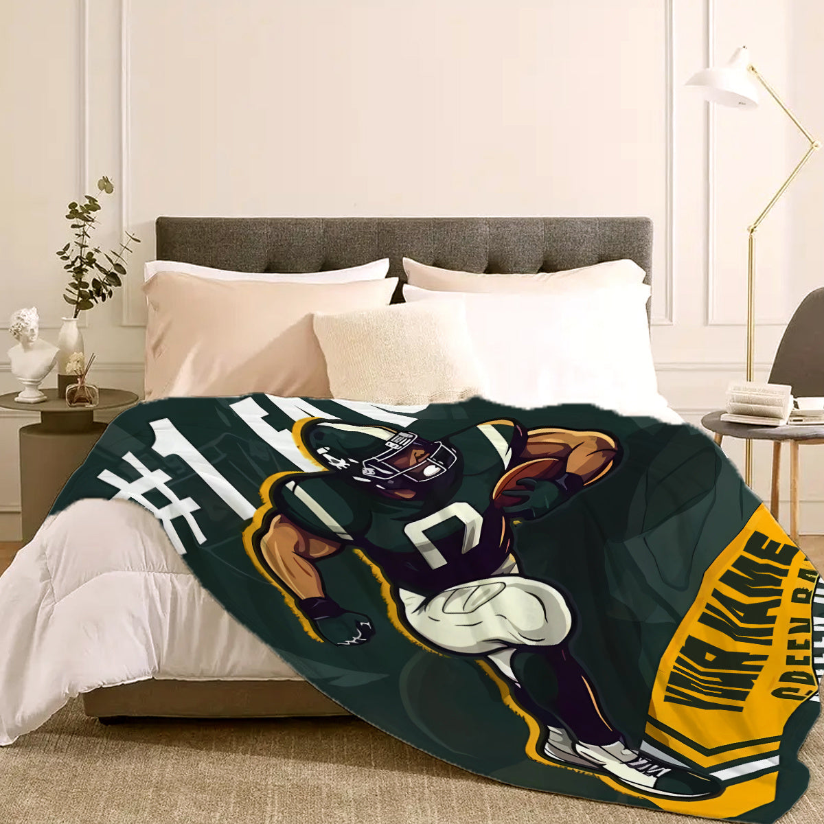 Personalized Green Bay Football Team Flannel Throw Blanket - Customizable Name Option, Luxuriously Soft for Home and Travel Décor