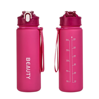 Durable, lightweight, and portable frosted plastic water bottle with scale for outdoor sports and office use.