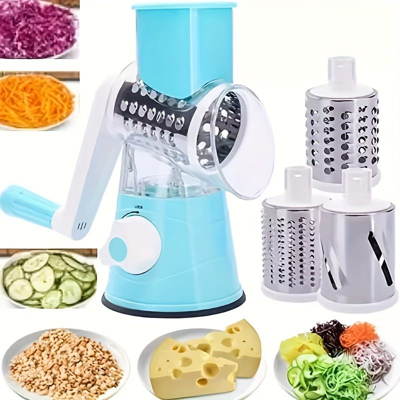 Rotary Drum Vegetable Cutter with Multiple Blades for Cutting, Grating, Peeling, Shredding, Slicing, Dicing Vegetables and Fruits. Made from Plastic, a Handy Kitchen Tool.