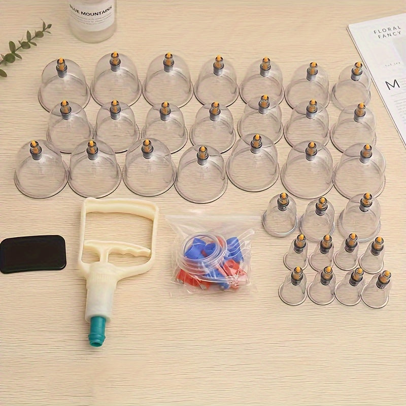 32 pieces of plastic vacuum cupping cups with pump for body massage and health care.