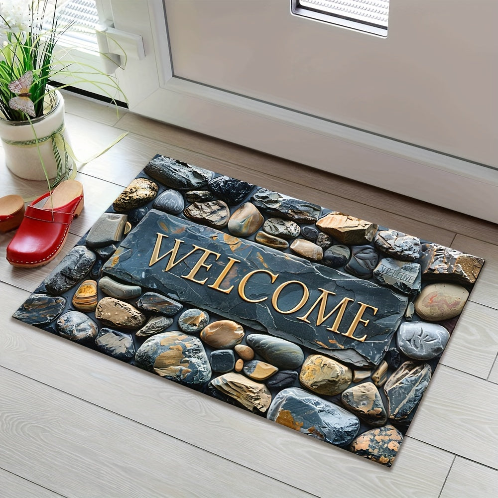 Introducing the luxurious Pebbles 3D Stone Pattern Floor Mat - a decorative delight for your home and outdoor spaces! This non-slip, waterproof, and machine washable polyester carpet features a beautiful artistic design and a luxurious texture. Perfect