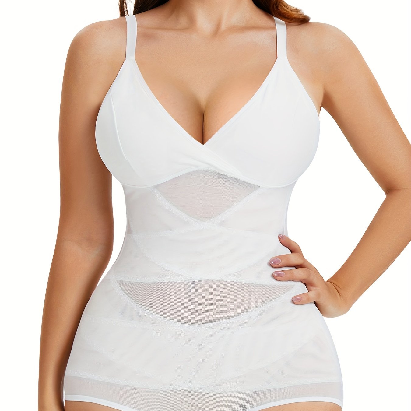 Shapewear bodysuit for women with removable pads, deep V neck, firm tummy control, breathable mesh, butt lifter, all-day wear.