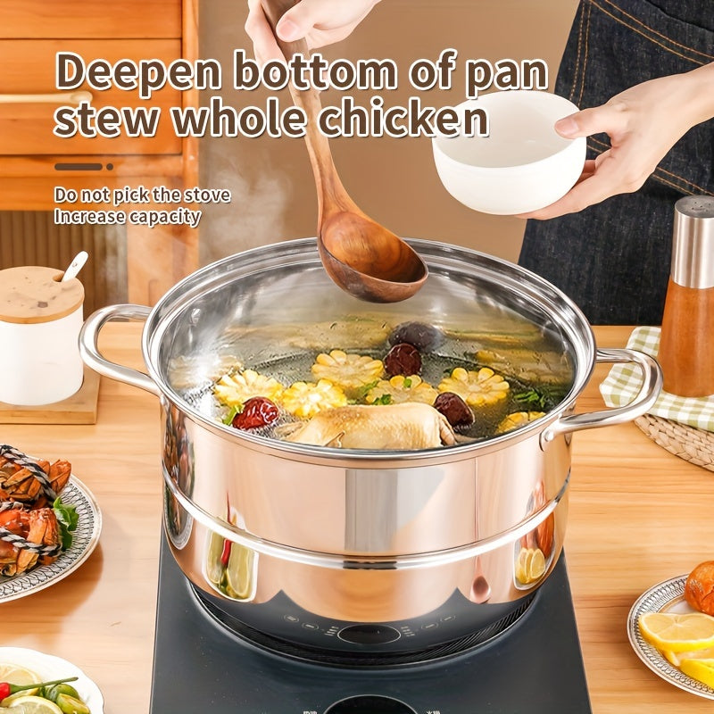 This versatile stainless steel steamer set includes a three-layer design with 1 soup pot, 1 steamer, 2 steamer plates, and 1 pot lid. With a deep capacity and multifunctional capabilities, this cooking pot can steam, boil, stew, and make soup with ease.