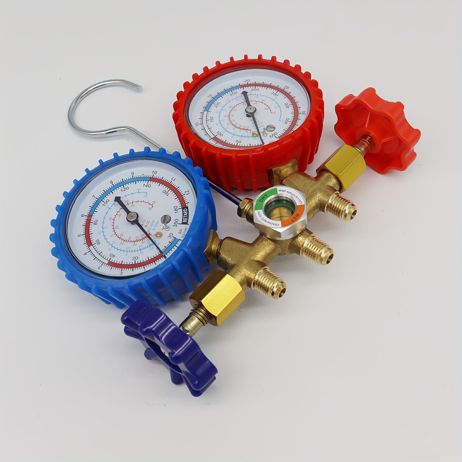 Manifold Gauge Set with Hose and Hook for Air Conditioning Refrigerant - Works with R404A, R12, R22, R134A - Does Not Require Power