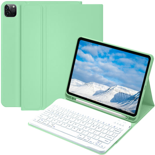 iPad keyboard case compatible with various iPad models, including iPad Air, iPad 5th-10th generation, and iPad Pro 11/12.9 inch, featuring a soft TPU back cover, pen holder, and detachable