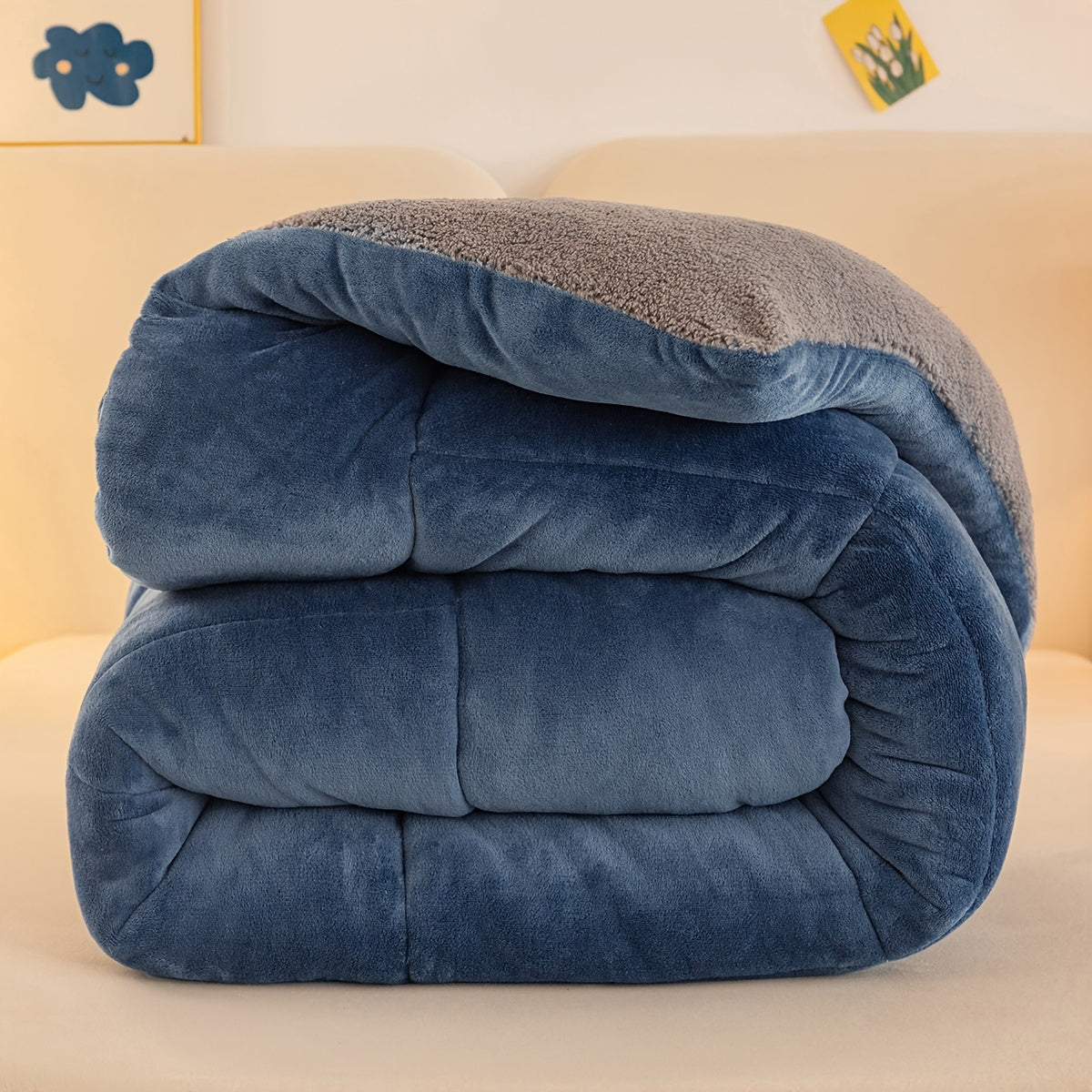 This reversible comforter features a lodge style design with a plush milk velvet bread grid pattern on one side and a cozy 190Gsm heavy weight sherpa fleece quilt core on the other. Made from polyester, this comforter is machine washable and provides