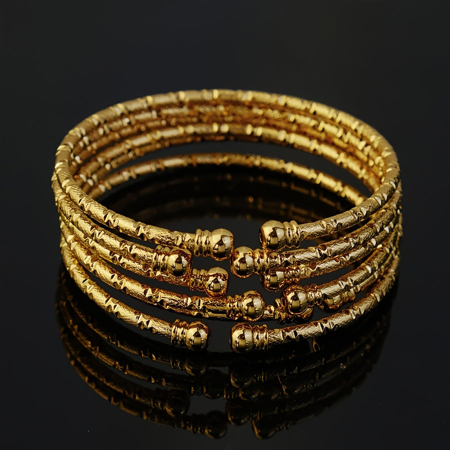 Luxurious 18K Gold Plated Iron Bracelet Set with 6 Pieces, featuring a timeless Middle Eastern double-headed beads design. Perfect for daily wear or special occasions, this Dubai bride jewelry makes an ideal gift for Mother's Day. Versatile and suitable