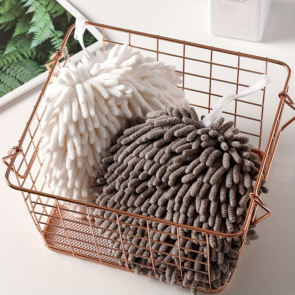 Two pieces of Chenille Quick-Dry Hand Towels that hang easily, are absorbent cleaning cloths, gentle on the skin, with strong water absorption. Perfect for use in the kitchen and bathroom - no need for electricity or wooden materials.