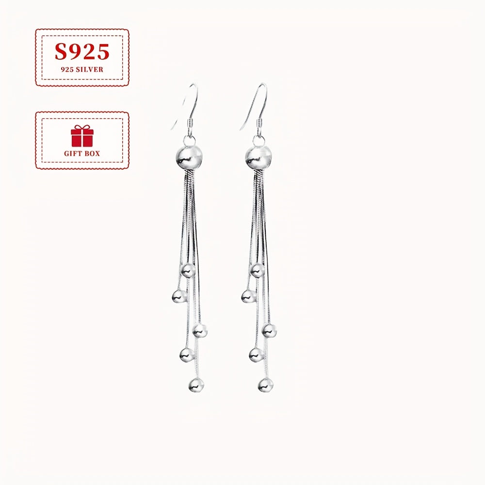 Pair of Elegant 925 Sterling Silver Tassel Earrings with Vintage-Inspired Long Bead Dangle Design, Perfect for Daily Wear and Parties, Lightweight 6g, Stylish Hook Earrings for Women