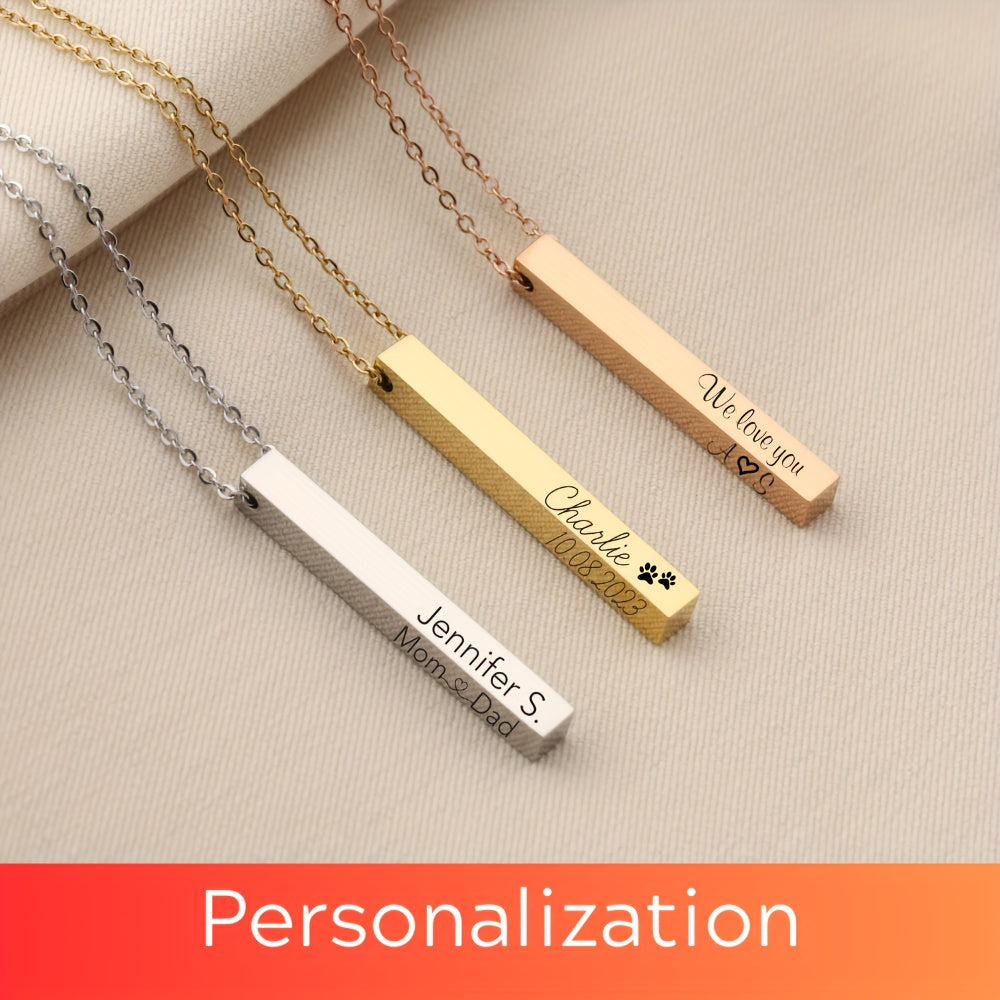 Elegant Custom Engraved Vertical Bar Necklace for Women - Personalized with Name and Date - Available in Gold, Silver, and Rose Gold - Stylish Alloy Jewelry for Everyday Wear or Gifting - 3D Design with Coordinates