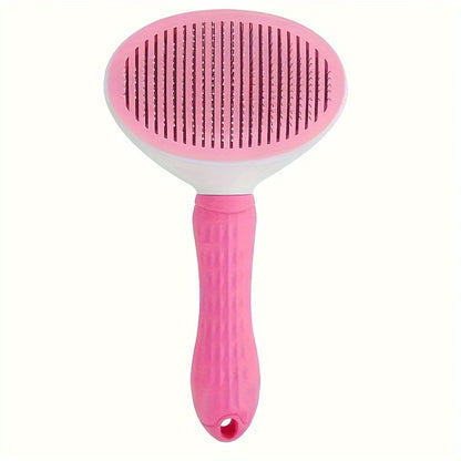 Pet hair removal brush with stainless steel bristles and one-click detangling comb for dogs and cats. Made of durable ABS material.