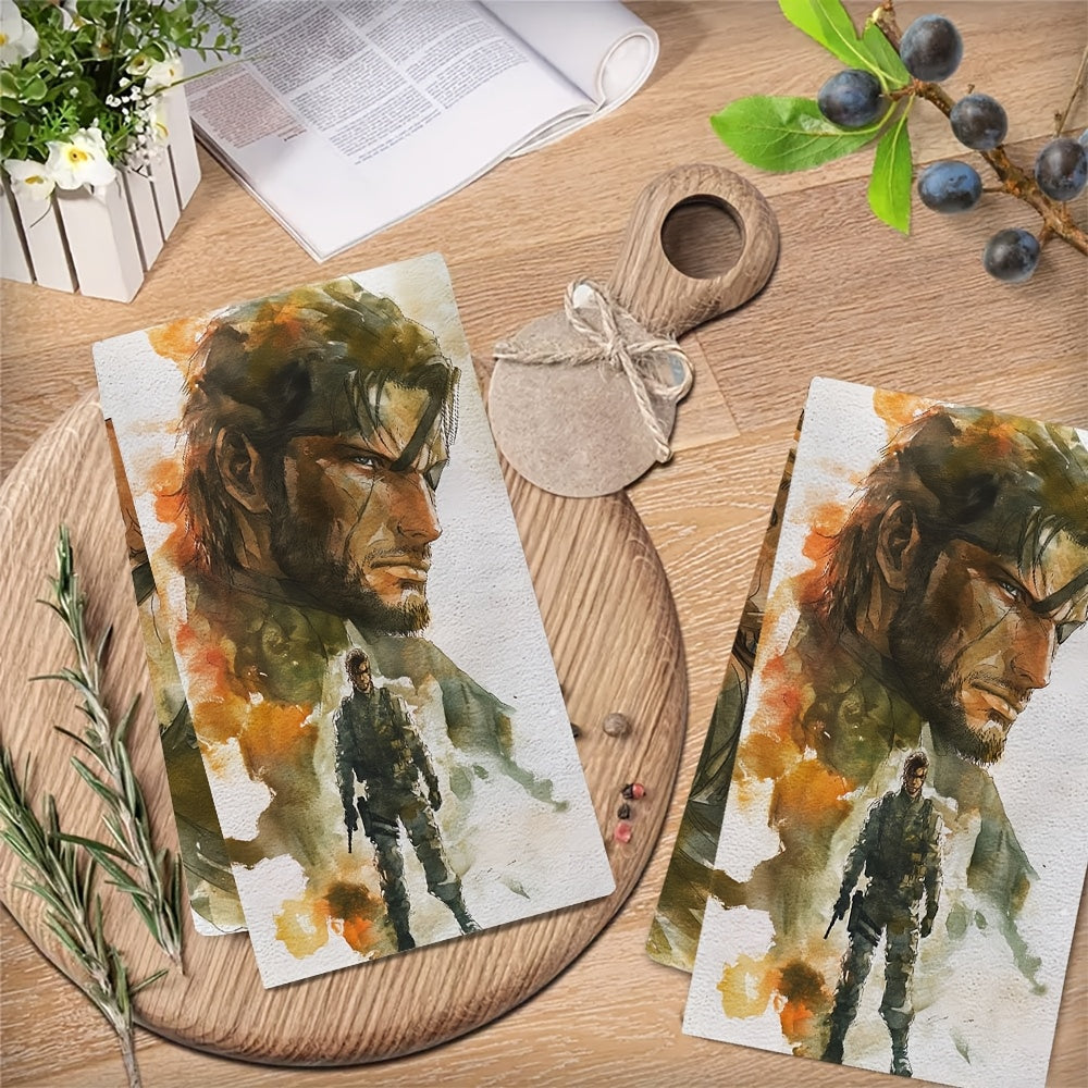 Two-pack of luxurious kitchen towels with Metal Gear Solid design, ultra soft and highly absorbent for holiday decorating. Machine washable, size 40.64X60.96 cm.