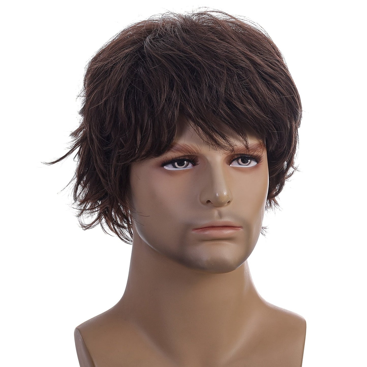 Fashionable men's wig with short curly hair and natural oblique bangs.