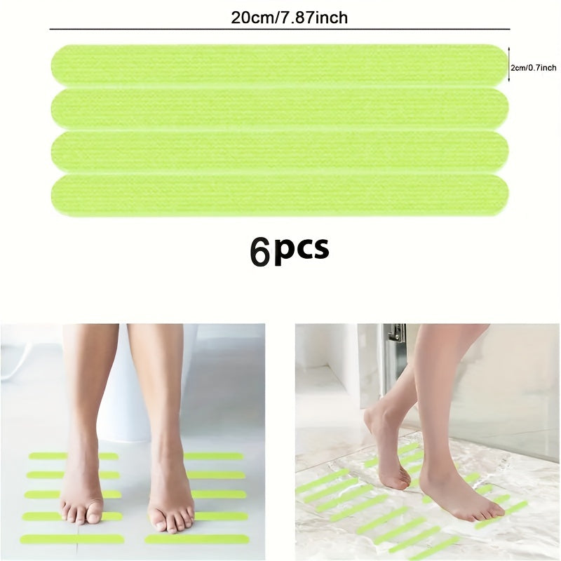 Six pieces of glow-in-the-dark waterproof and non-slip stickers with self-adhesive backing. These strips are perfect for ground steps and stairs, as well as bathroom bathtubs. They provide fluorescent anti-slip protection for added safety.