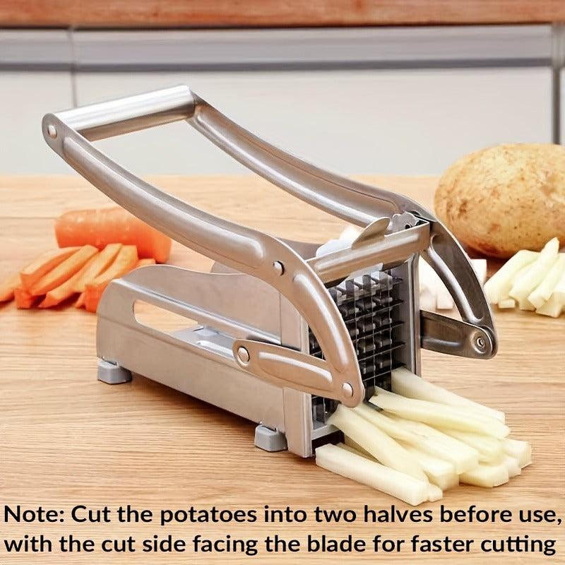 Introducing the InBrave Stainless Steel Fruit & Vegetable Cutter - a versatile kitchen gadget perfect for slicing french fries, chopping potatoes, and dicing onions. This durable tool features anti-slip feet for stability and is made with food-grade