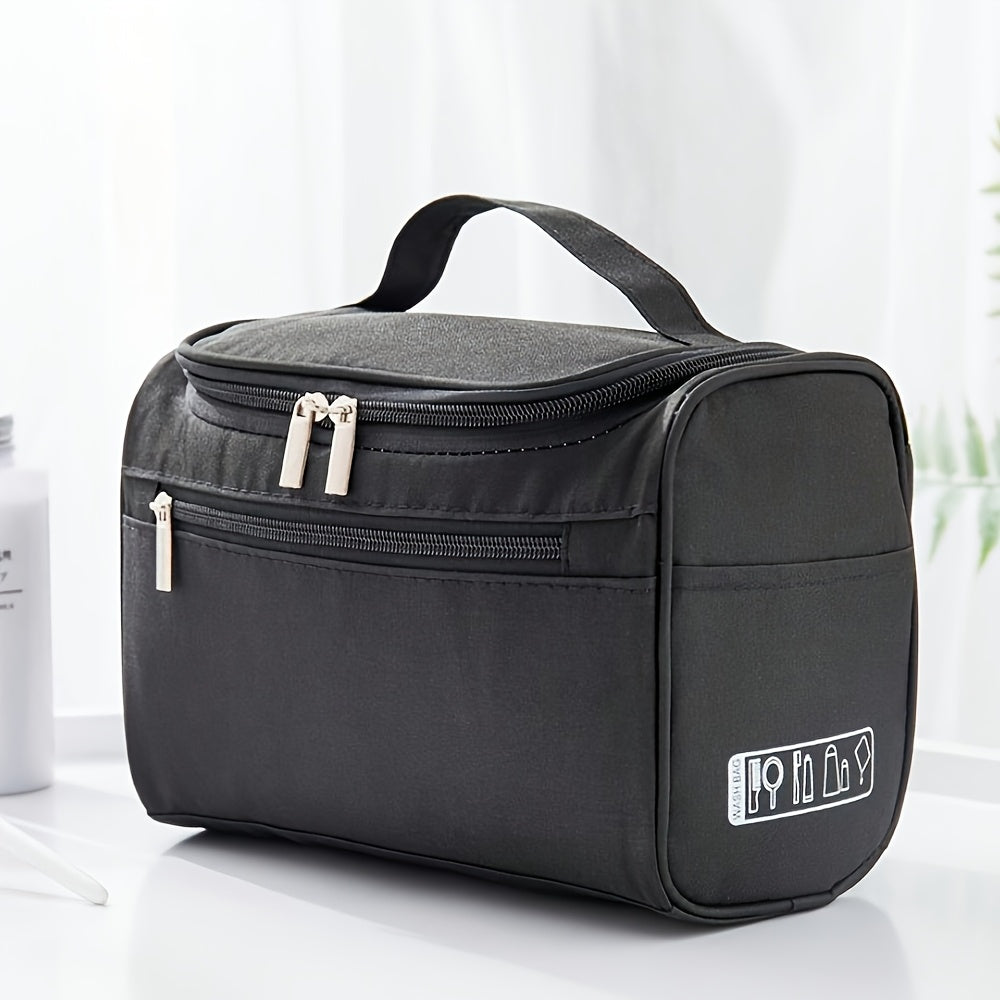 Spacious waterproof travel toiletry bag with zipper for men and women, made of durable Oxford fabric.