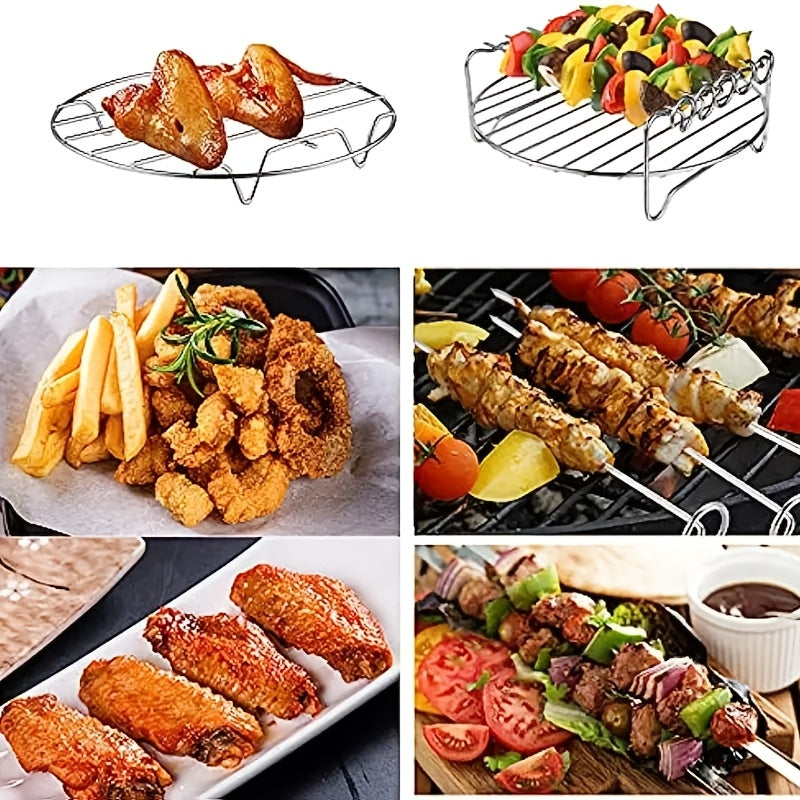 Set of 7 Stainless Steel Air Fryer Accessories, Includes Grill Rack, 4 Skewers, and 2 Silicone Baking Sheets. Safe for Food, Ideal for Grilling, Baking, and Microwave Cooking. Complete with Must-Have Kitchen Tools.