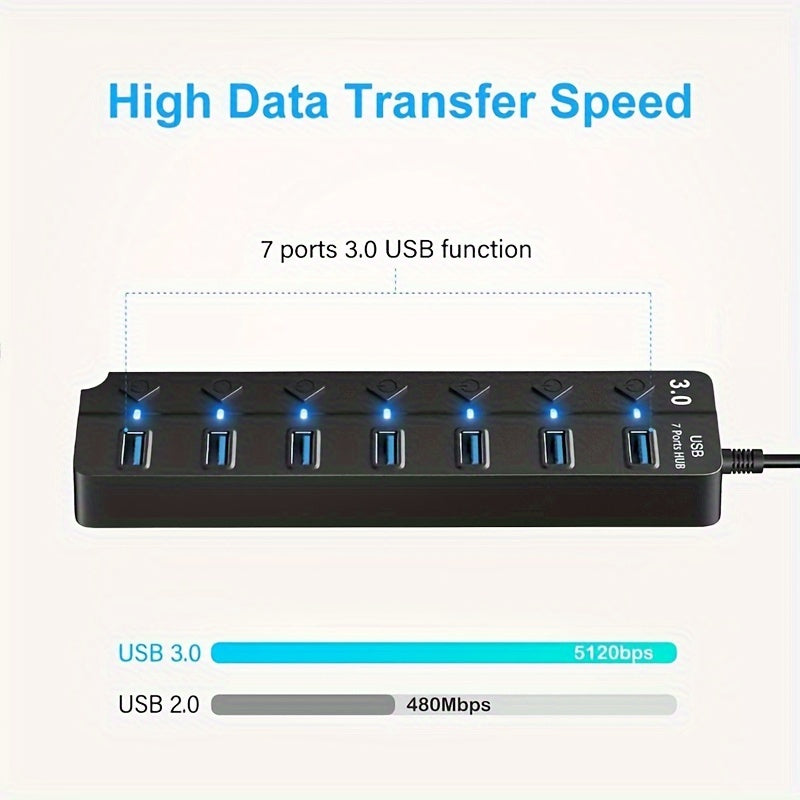 LED ko'rsatkichlari, yoqish/o'chirish tugmalari, kengaytma kabeli bilan birga keladigan Kompakt 7-portli USB 3.0 hub - Yuqori tezlikda ma'lumot uzatish, turli qurilmalar uchun portativ dizayn - Qora