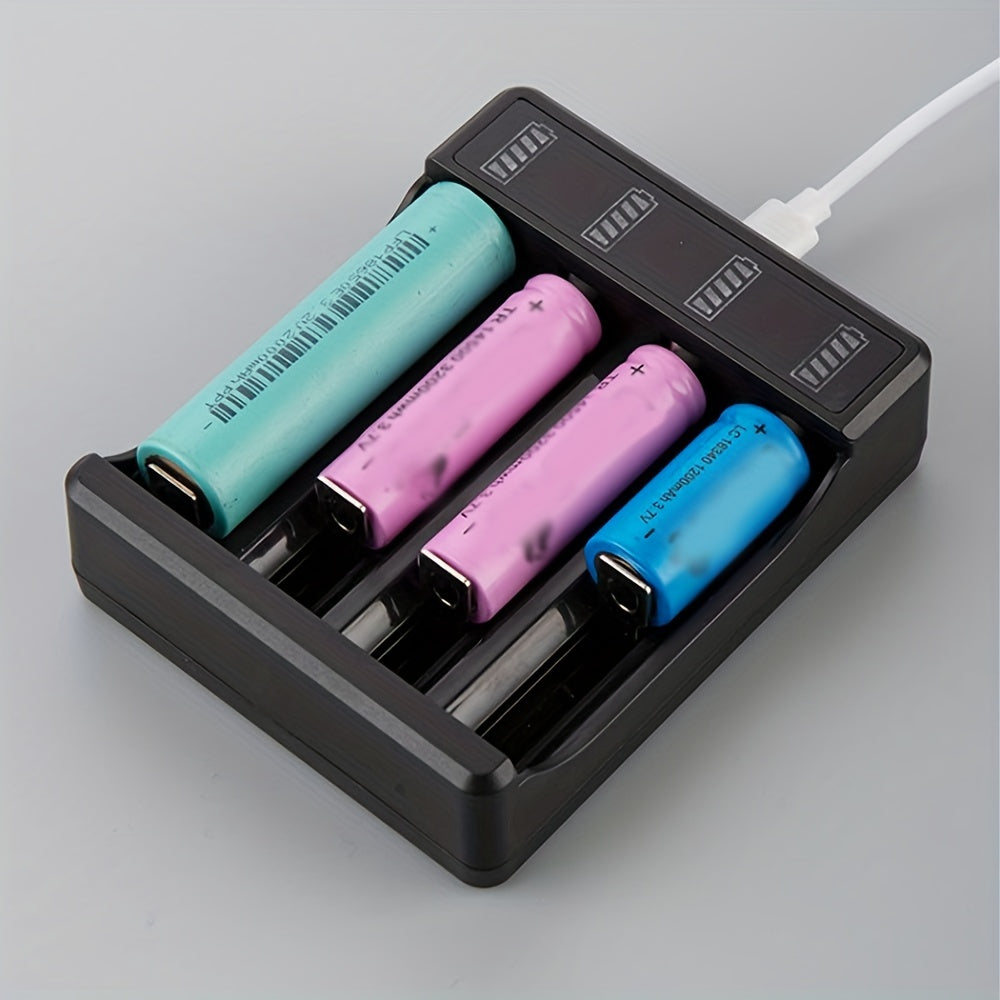 LED USB charger for 3.7V lithium batteries (10440, 14500, 18650), with quick charge and overcharge protection. Operating voltage ≤36V, battery not included.