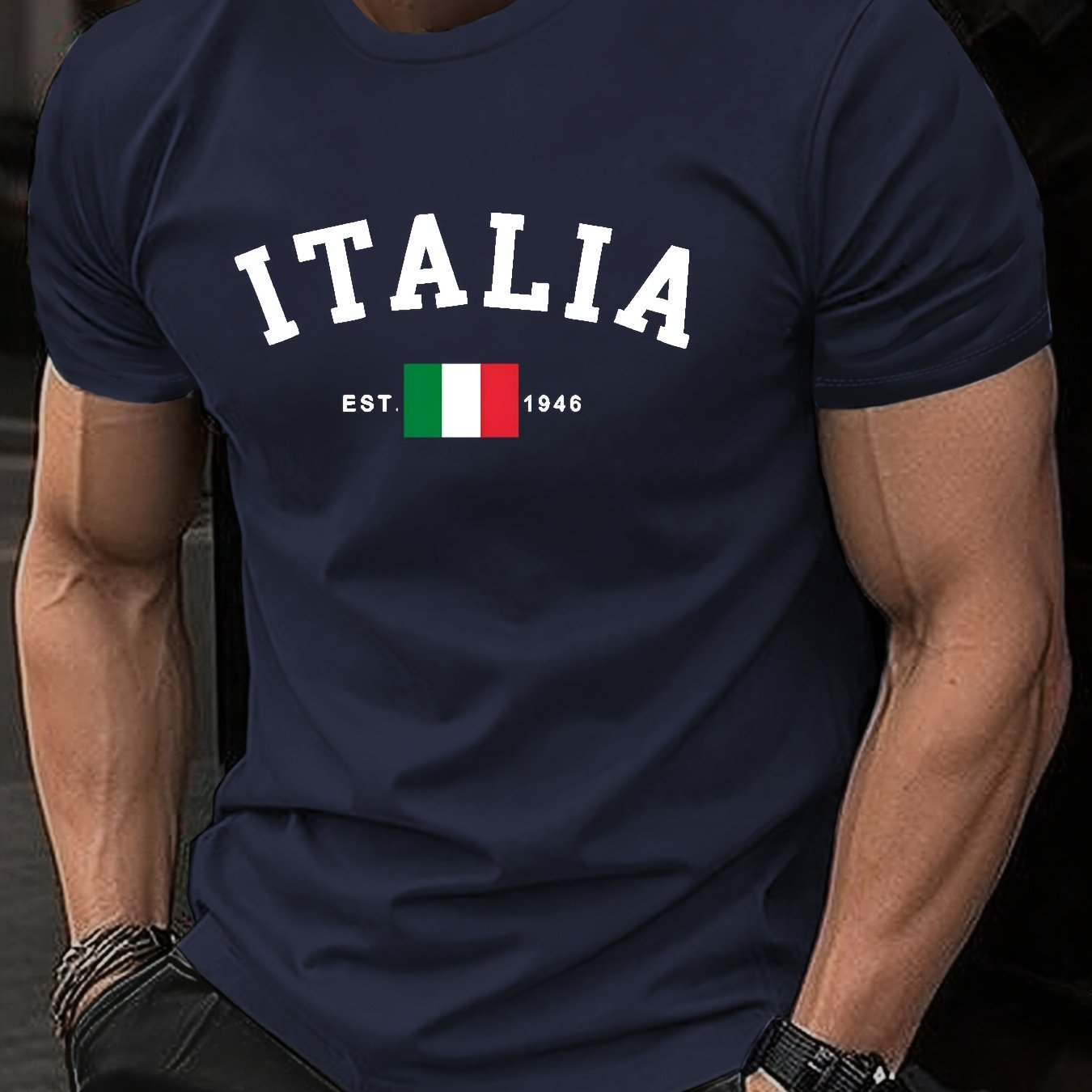 ITALIA Graphic Print Men's T-Shirt - Comfortable & Stretchy, Ideal for Summer Outdoor Activities | Street Style Crew Neck Tee in Black, Burgundy, Dark Green, Blue, Grey, Conventional