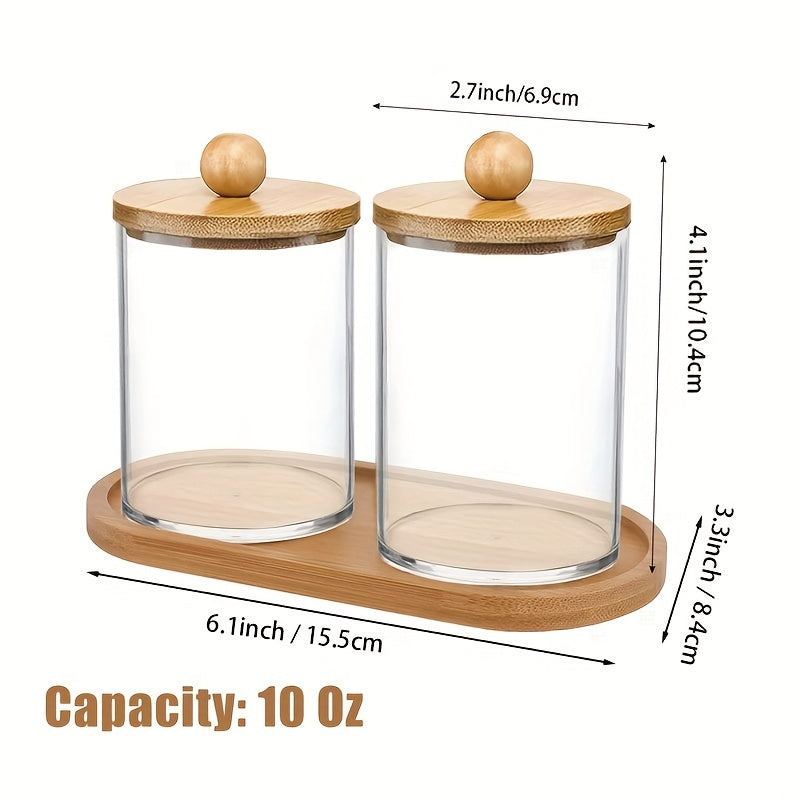 Holder dispenser set with bamboo lids and tray for bathroom storage including cotton swab, ball, pads, and floss.