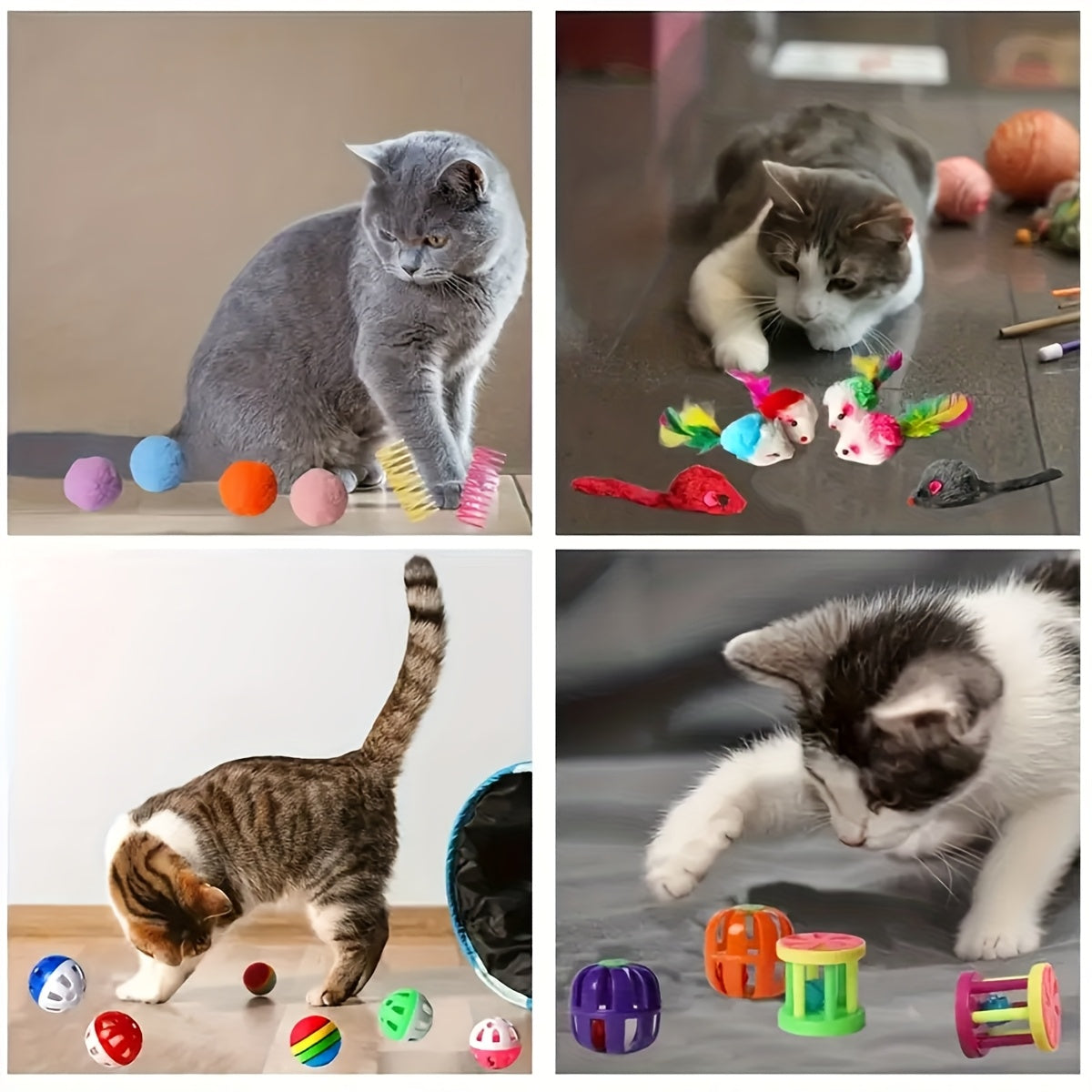 Mixed pack of 200/64/32/16 cat toys, including plastic and plush toys for multiple cats. Variety allows for different toys daily. Randomly shipped in various colors, styles, shapes, and