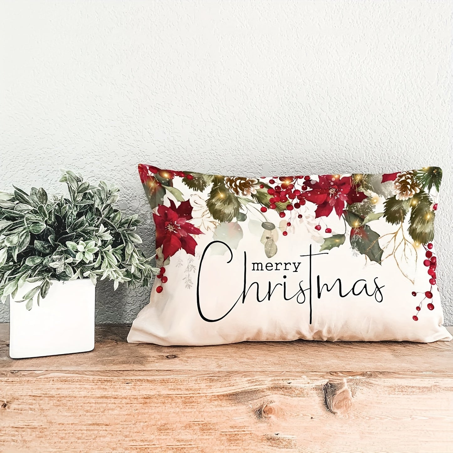 Festive farmhouse style Christmas throw pillow cover suitable for beds, chairs, and sofas. Features contemporary design, machine washable woven polyester material with zip closure. Measures 50.8cm x 127.0cm.