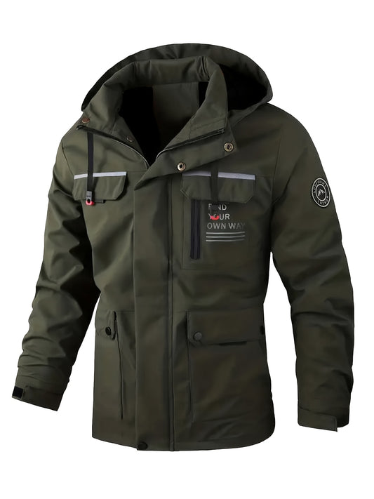 Black men's windproof, water-resistant jacket with logo design, multiple pockets, and comfortable polyester fabric. Suitable for cycling, running, and casual wear. Also available in plus