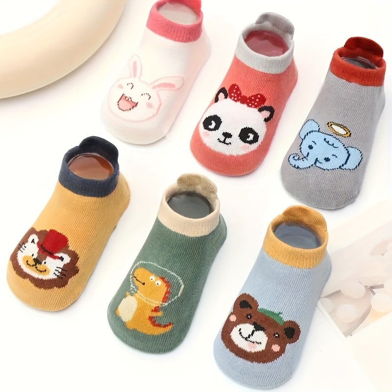 6 pairs of baby boys' non-slip cotton socks with cute cartoon animal patterns for infants learning to walk.