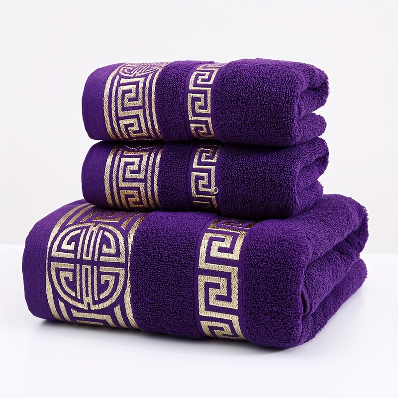 Velvet towel set includes 1 bath towel and 2 hand towels in gsm450, Regular thickness, Pure cotton with geometric pattern. High absorbency and softness in dark colors including black, purple, blue, coffee, and white. Suitable for bathroom, travel