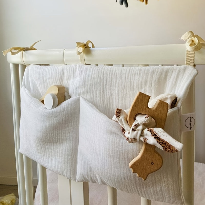 Baby bedside storage bag made of pure cotton with double layers and two pockets, also suitable for hanging on strollers. Includes a printed baby bottle holder, perfect as a gift for Halloween or Christmas.