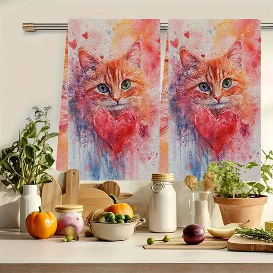 Pair of 2 Ultra-Soft Kitchen Towels with Adorable Kitty Design, Ideal for Valentine's Day. These Highly Absorbent Dish and Hand Towels are Great for Holiday Decor, Machine Washable, and Measure 40.64X60.96 cm.