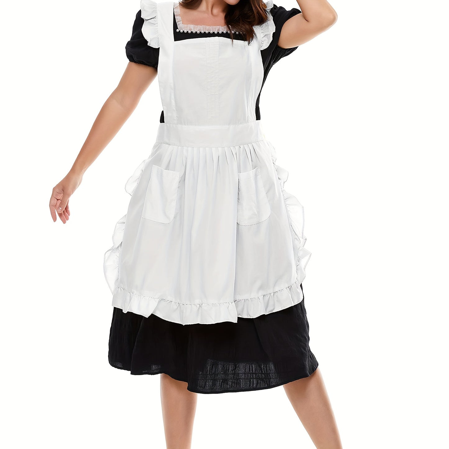 White vintage ruffle apron with pockets for women and girls, suitable for kitchen and cleaning tasks.