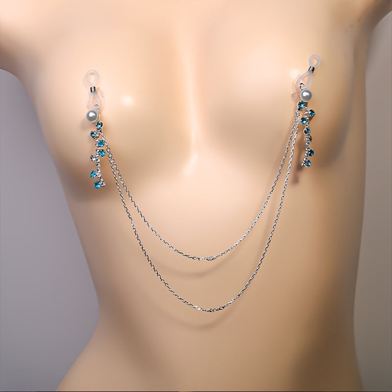 Sleek Blue Rhinestone Tassel Body Chain with pearl Nipples for Nightclub