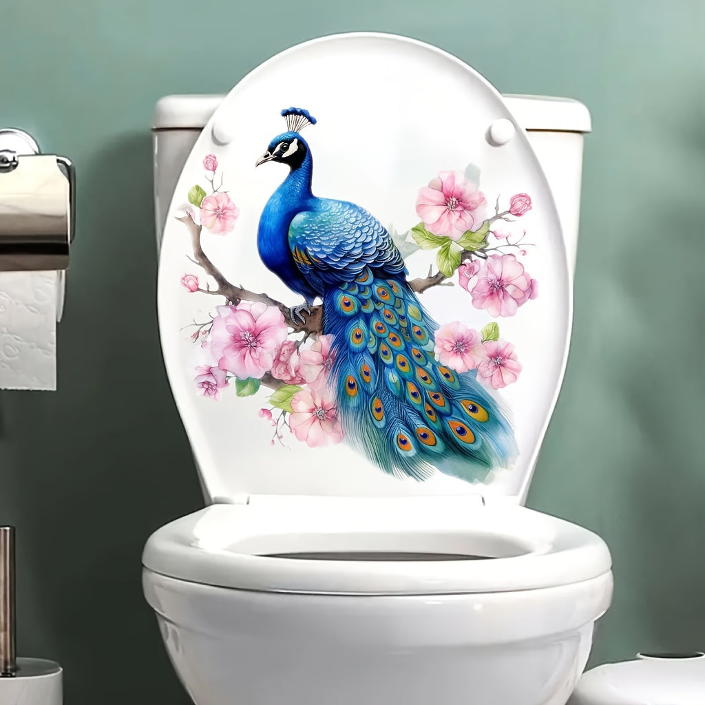 Self-adhesive PVC stickers for decorating bathroom walls, windows, and appliances with a peacock theme.