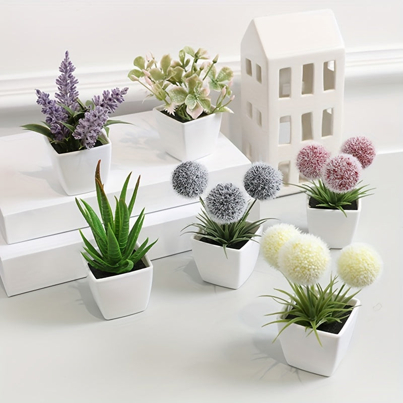 1 set of 6 simulated plants in a Nordic style for indoor decoration. Includes ball, aloe vera, begonia, lavender, artificial succulent bonsai. Perfect for office desktop ornament.