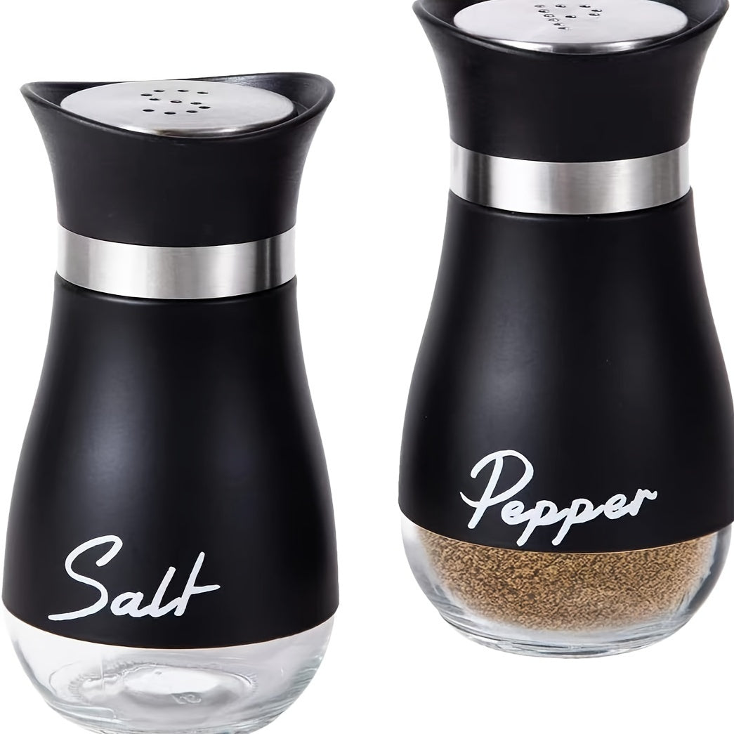 One set of 4 oz glass salt and pepper jars with stainless steel lids, perfect for kitchen, RV, camping, BBQ. Refillable design. Two jars in a set.