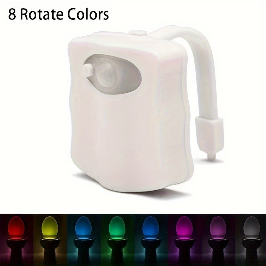 LED toilet light with motion activation, 16 color options, wall mountable, battery operated, modern design.