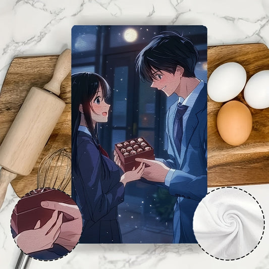 This set includes 2 ultra-soft kitchen towels showcasing a charming anime boy with black hair in a blue suit gifting a box of chocolates to his girlfriend. These highly absorbent dish towels are ideal for holiday decor, easy to clean in the washing