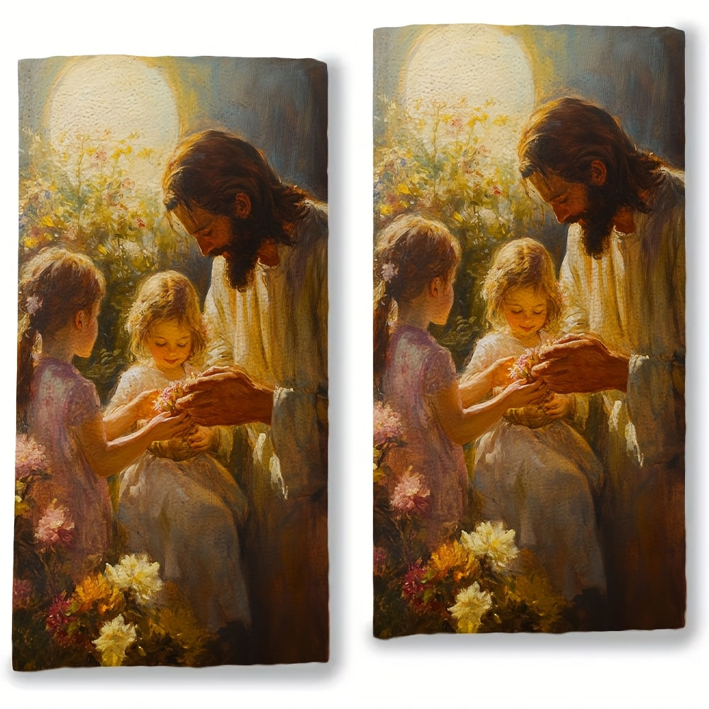 Two pieces of ultra soft kitchen towels featuring an oil painting style design titled "Easter: A Time to Open Our Hearts". These highly absorbent and machine washable dish hand towels measure 40.64x60.96 cm and depict a serene garden scene with figures