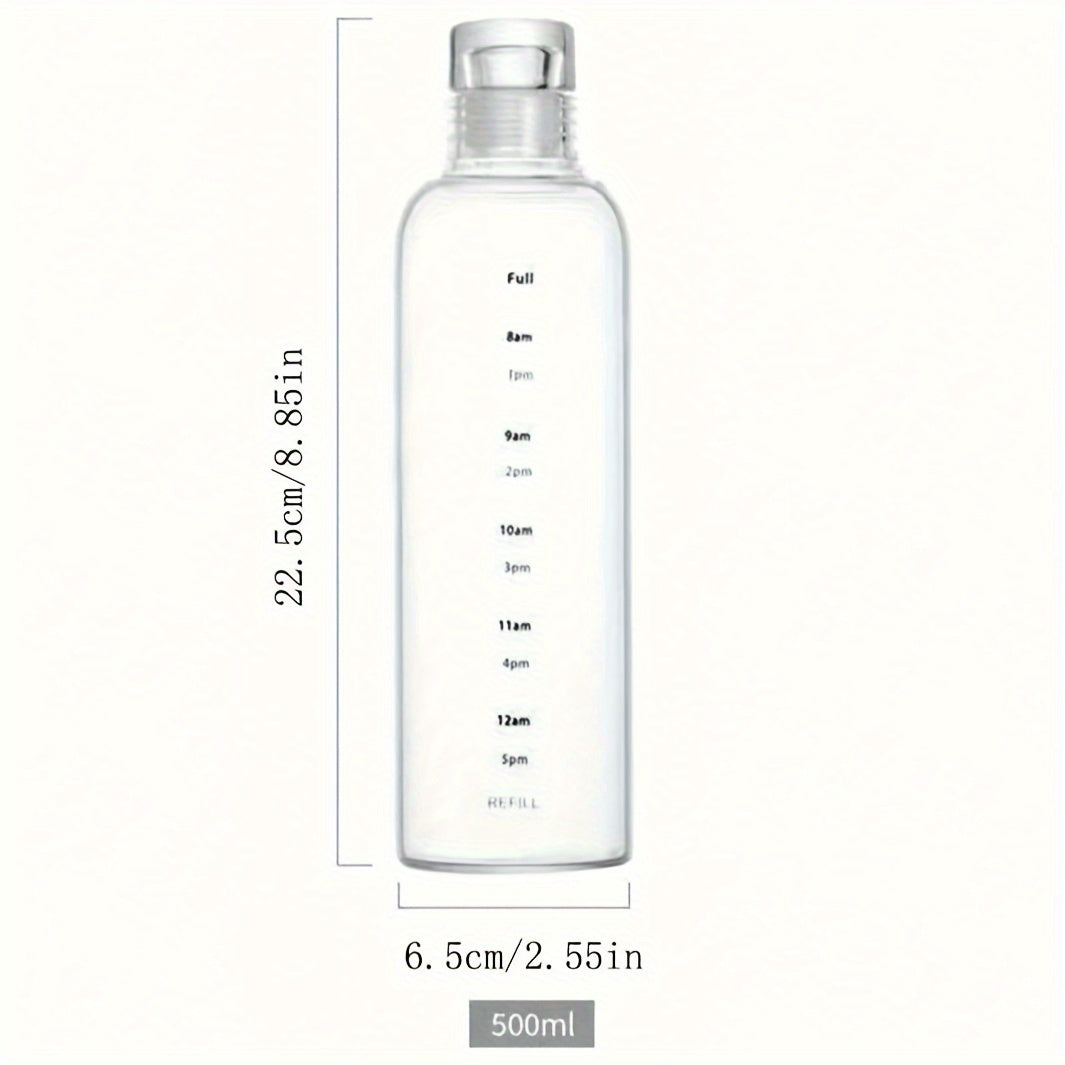 Reusable round plastic water bottle with time markers, ideal for various uses like office, school, and home, suitable for juice and iced drinks, hand wash only, and made of recyclable material.